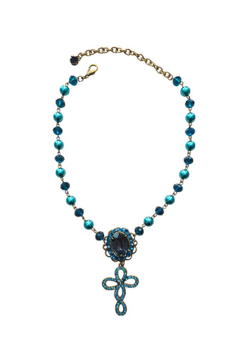 Colar Nanda: Religioso de Crucifixo com Pedras Azuis no Ouro Velho | Presente Inesquecível