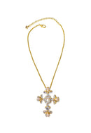 Colar Prece de crucifixo com strass cristal e pérolas no banho dourado