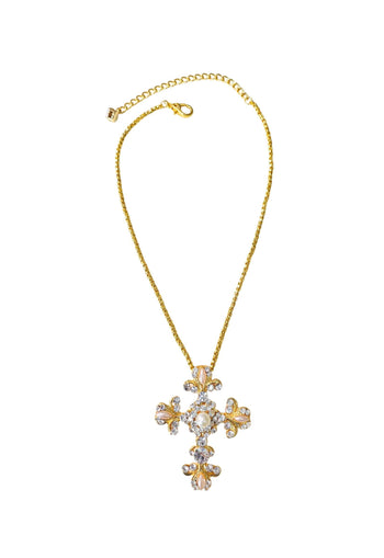 Colar Prece de crucifixo com strass cristal e pérolas no banho dourado