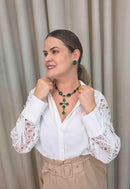 Colar Crucifixo Verde Esmeralda Dourado | Colar Greta
