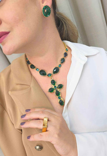 Colar Crucifixo Verde Esmeralda Dourado | Colar Greta