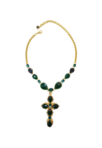Colar Crucifixo Verde Esmeralda Dourado | Colar Greta