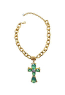 Colar Ester menta com crucifixo de pedras menta e boreal banhado no dourado