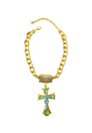 Colar Ester menta com crucifixo de pedras menta e boreal banhado no dourado