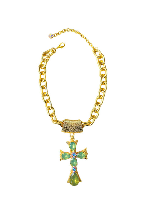 Colar Ester menta com crucifixo de pedras menta e boreal banhado no dourado