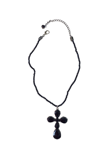 Colar Crucifixo Rosane com cristais e pedras pretas banhado no grafite
