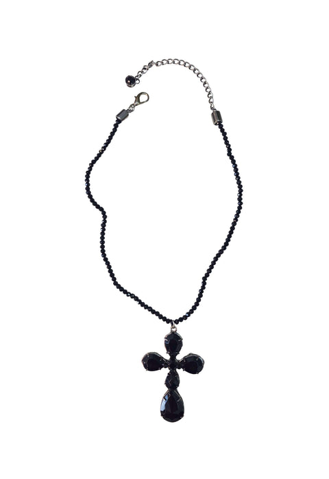 Colar Crucifixo Rosane com cristais e pedras pretas banhado no grafite