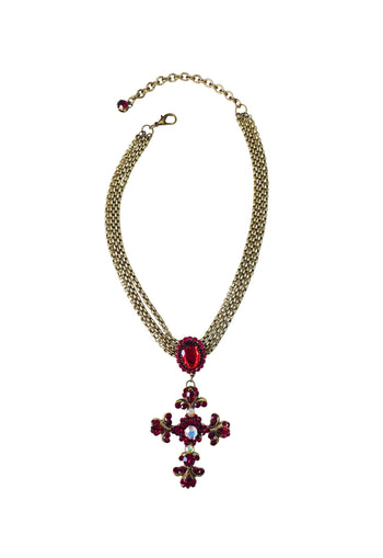 Colar Maria da Conceição com pingente de cruz vermelho e venezianas ouro velho
