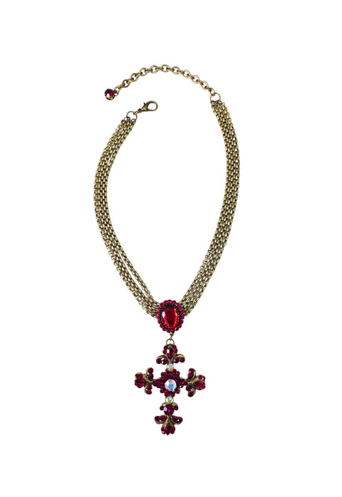 Colar Maria da Conceição com pingente de cruz vermelho e venezianas ouro velho