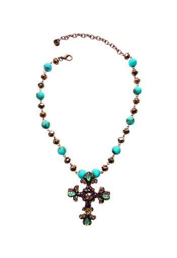 Colar Madeline Turquesa de crucifixo com pedras marrom e ametista