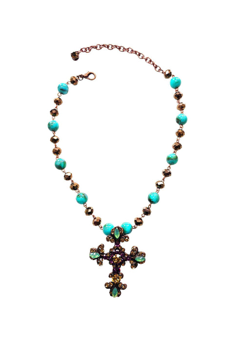 Colar Madeline Turquesa de crucifixo com pedras marrom e ametista