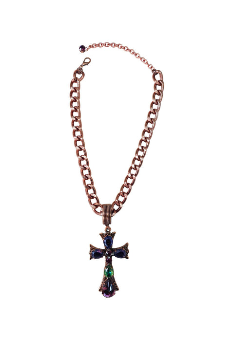 Colar Ester: Religioso com Crucifixo de Pedras Coloridas e Corrente no Vintage | Toque de Cor