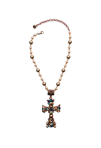 Maxi colar Ravi de crucifixo com perolas vintages e azuis