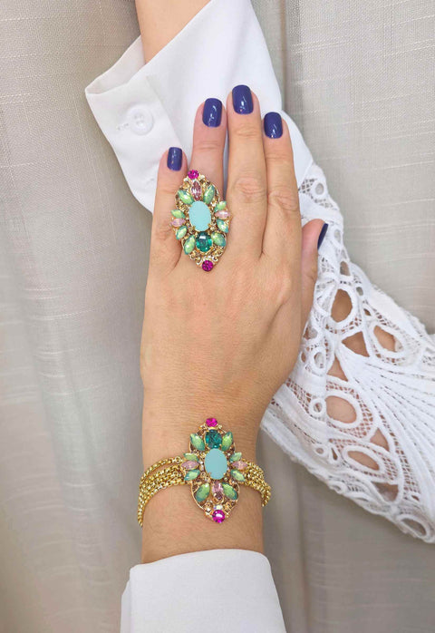 Anel Glaura: Elegante Oval de Pedras Coloridas Banhado no Dourado | Design Premium