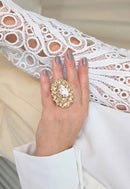 Maxi Anel Oval Dama com Pedras Pêssego Dourado Ajustável - Peça Statement