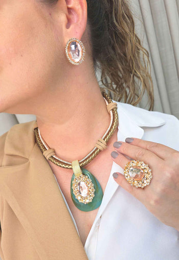 Maxi Anel Oval Dama com Pedras Pêssego Dourado Ajustável - Peça Statement