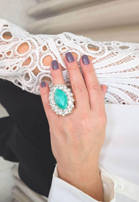 Maxi Anel Angela com strass cristal e pedra verde agua banhado no dourado