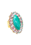 Maxi Anel Angela com strass cristal e pedra verde agua banhado no dourado