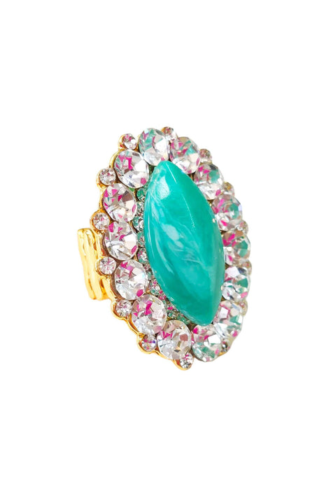 Maxi Anel Angela com strass cristal e pedra verde agua banhado no dourado