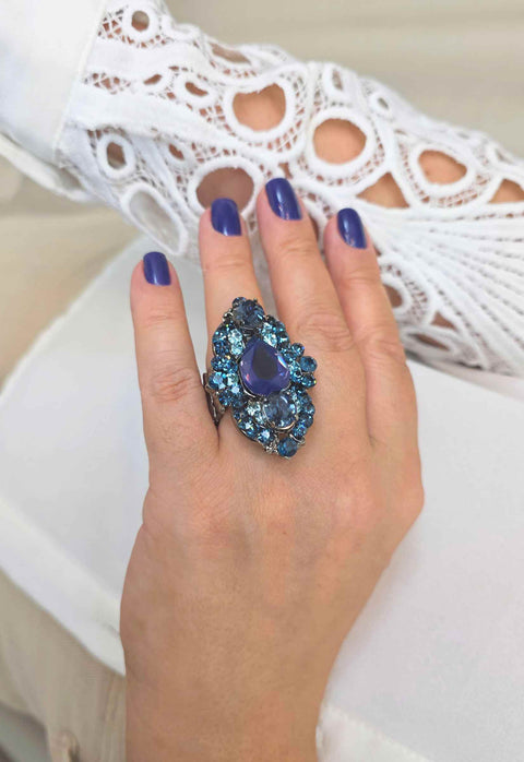 Maxi Anel Andrea: Oval com Mix de Tons Azuis Banhado no Grafite | Design Premium