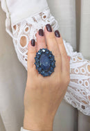 Anel Fashion oval com pedras montana banhado no vintage