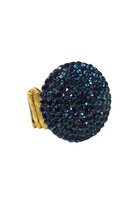Anel Dandara redondo com strass azul banhado no ouro velho