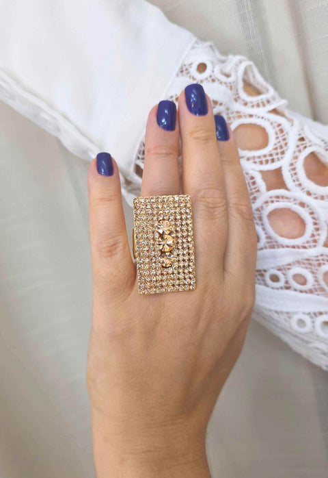 Anel Maria Eugênia: Retangular com Strass Pêssego Banhado no Dourado | Design Exclusivo
