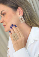 Anel Maria Eugênia: Retangular com Strass Pêssego Banhado no Dourado | Design Exclusivo
