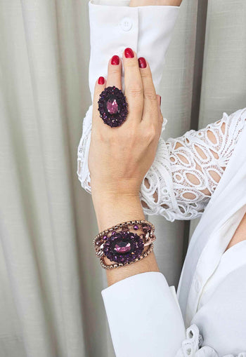 Anel Ametista Imperial oval com pedras ametista banhado no vintage