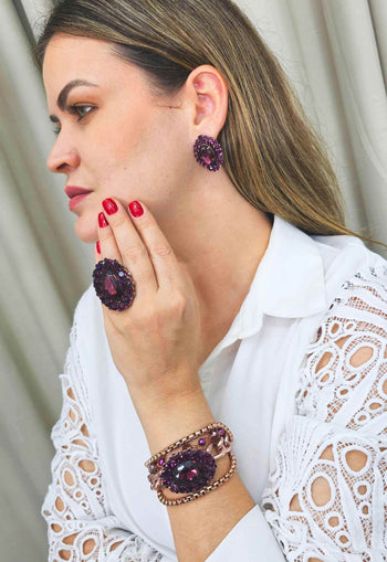 Anel Ametista Imperial oval com pedras ametista banhado no vintage