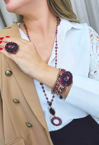 Anel Ametista Imperial oval com pedras ametista banhado no vintage