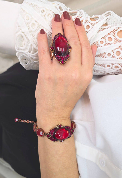 Anel Babi de pedras vermelhas banhado no vintage moda festa