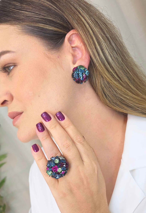 Brinco Dantise: Redondo com Mix de Pedras Azul Marinho, Ametista e Verde | Estilo Atemporal