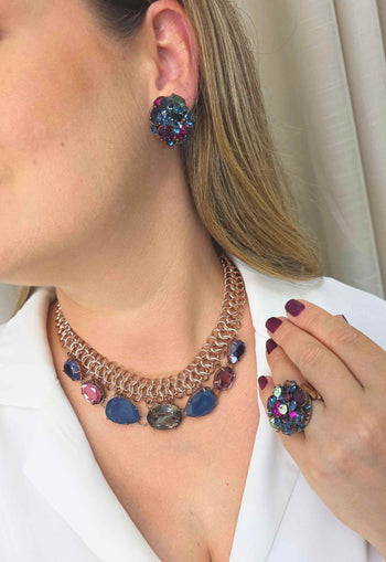 Brinco Dantise: Redondo com Mix de Pedras Azul Marinho, Ametista e Verde | Estilo Atemporal