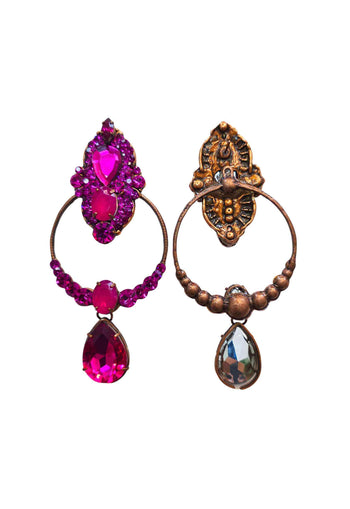 Maxi Brinco Tânia: Argola com Gotas e Pedras Fúcsia no Vintage | Sahara Acessórios