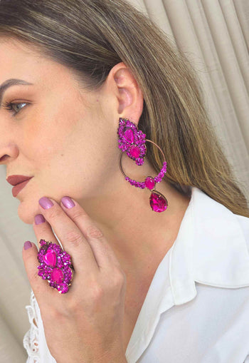 Maxi Brinco Tânia: Argola com Gotas e Pedras Fúcsia no Vintage | Sahara Acessórios