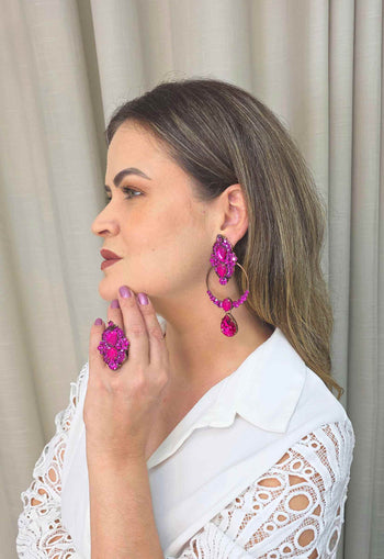 Maxi Brinco Tânia: Argola com Gotas e Pedras Fúcsia no Vintage | Sahara Acessórios