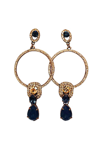 Brinco Barcelona Glam com pedras azuis e pêssego banhado no vintage