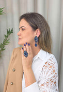 Maxi Brinco Andrea: Moda Festa com Pedras e Gotas Azuis Banhado no Grafite | Look de Noite Inesquecível