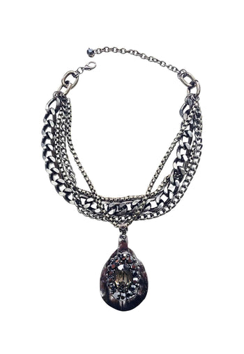 Maxi colar Estilo com mix de correntes e pingente de pedras hematites e black diamond banhado no grafite