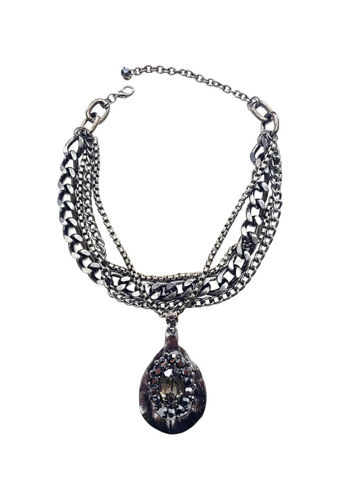 Maxi colar Estilo com mix de correntes e pingente de pedras hematites e black diamond banhado no grafite