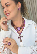 Maxi Colar Religioso Premier com Crucifixo e Pedras Ametista Vintage - Peça Exclusiva