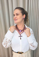 Maxi Colar Religioso Premier com Crucifixo e Pedras Ametista Vintage - Peça Exclusiva