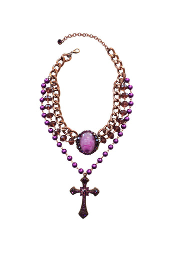 Maxi Colar Religioso Premier com Crucifixo e Pedras Ametista Vintage - Peça Exclusiva
