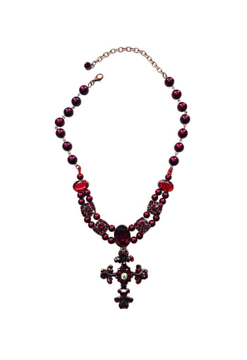 Colar de Cruz Fátima de pedras vermelhas banhado no vintage