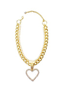 Colar Catarina: Glamour de Pérolas com Elos e Coração de Cristal no Dourado | Peça Exclusiva