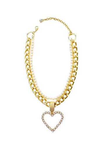 Colar Catarina: Glamour de Pérolas com Elos e Coração de Cristal no Dourado | Peça Exclusiva