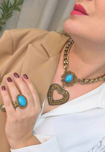 Colar Celestial: Boho de Coração com Pedras Azuis e Elos Ouro Velho | Sahara Acessórios