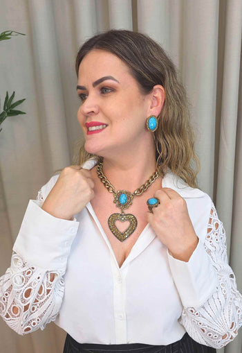 Colar Celestial: Boho de Coração com Pedras Azuis e Elos Ouro Velho | Sahara Acessórios