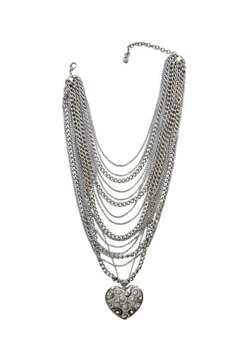 Maxi Colar Luxor com mix de correntes prata e pingente de coração com strass cristal
